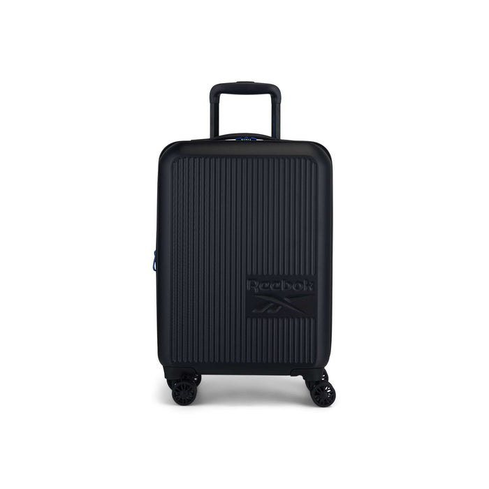 The Reebok Action Duo 2 Piece Luggage Set features a black lightweight suitcase with vertical grooves, four spinner wheels, a telescoping handle, and an embossed logo, shown against a white background.