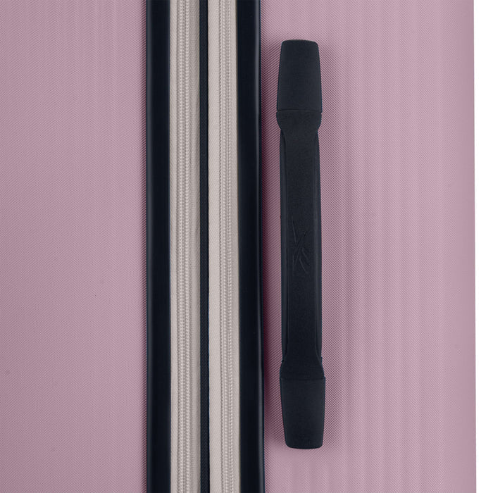 Close-up of the Reebok Action Duo 2 Piece Luggage Set in pink, featuring a textured finish, black handle, zippered compartment with black and white trim, and smooth spinner wheels for easy travel.