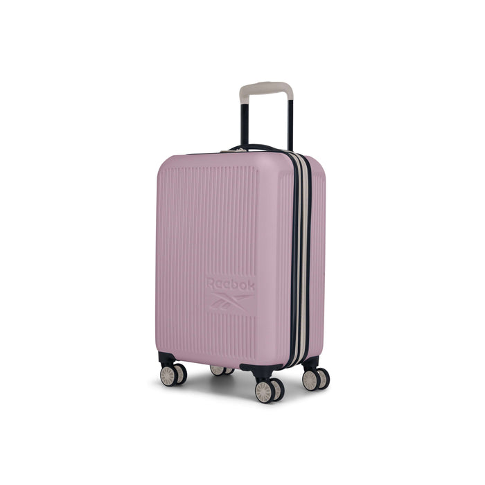 The Reebok Action Duo 2 Piece Luggage Set features a light pink lightweight suitcase with a telescopic handle, four double spinner wheels, and an embossed Reebok logo, shown upright on a white background.
