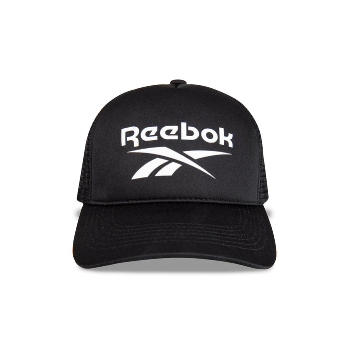 The Reebok Aero Cap in black features a white Reebok logo and text on the front. This moisture-wicking athletic hat combines classic style with performance and is shown from the front against a white background.