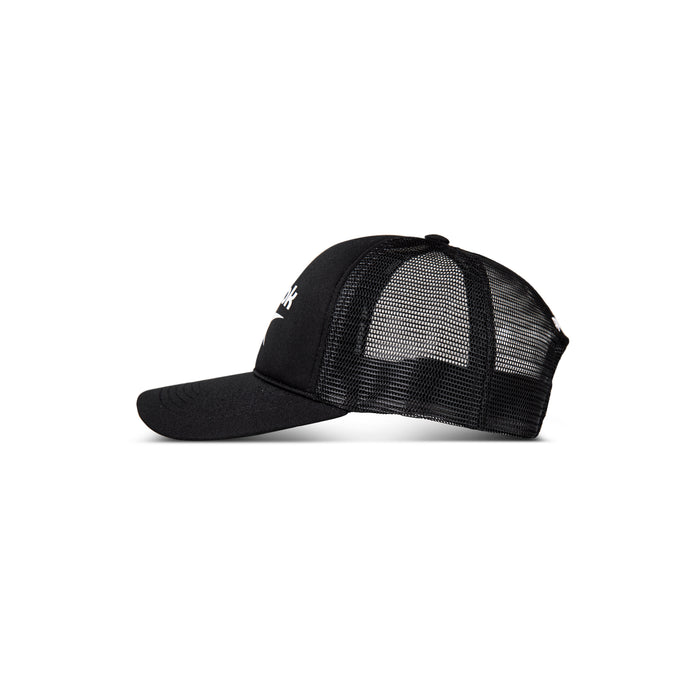 The Reebok Aero Cap, shown in black with a mesh back and solid front, features moisture-wicking fabric and an athletic design. Displayed in side profile on a white background.