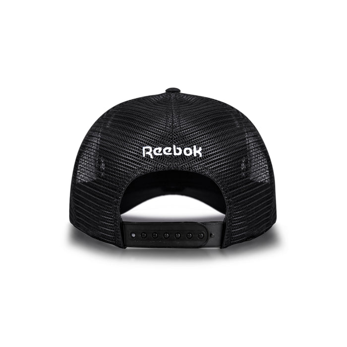 Back view of the Reebok Aero Cap, an athletic hat with black mesh, adjustable snapback closure, moisture-wicking fabric, and a white Reebok logo embroidered above the opening.