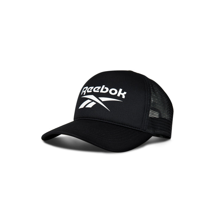 The Reebok Aero Cap is a black athletic hat with a curved brim and mesh back for breathability. It features the white Reebok logo and text on the front and has a moisture-wicking design. Shown on a plain white background.