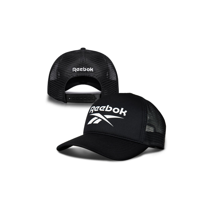 Two black Reebok Aero Caps—one facing forward, one backward—with white Reebok logo. These athletic caps feature mesh panels, moisture-wicking fabric, and adjustable snapback closures for comfort.
