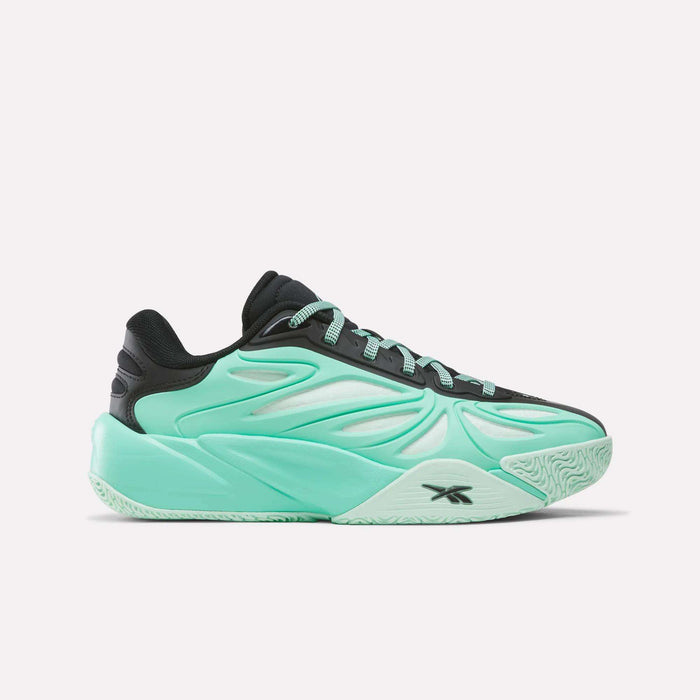 The Reebok Angel Reese 1 Basketball Shoes for Big Kids, shown in a side view against a plain white background, showcase a turquoise and black design inspired by Angel Reese. Featuring a sculpted sole, wavy detailing, and light blue laces, these sneakers are a stylish choice among kids’ basketball shoes.