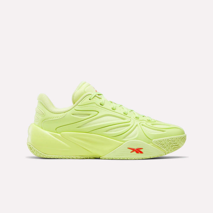 The Reebok Angel Reese 1 Shoes for big kids in Grid Green feature a neon yellow-green color, chunky sole, wave-like side patterns, and a small red Reebok logo on the midsole—perfect for standing out against a white background.