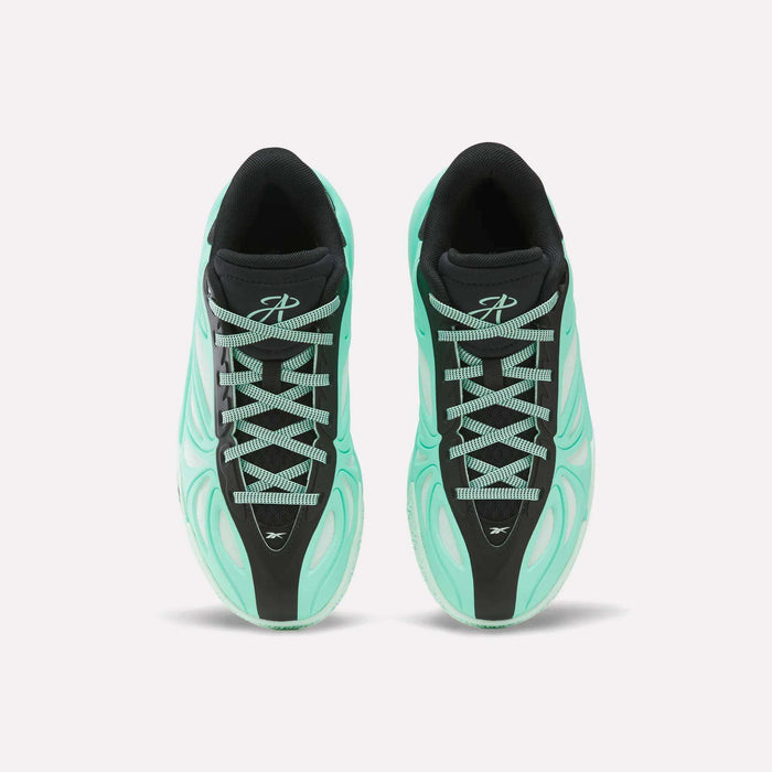 A pair of mint green and black Angel Reese 1 Basketball Shoes from Reebok, seen from above with white laces and a stylized logo on each tongue—these Reebok sneakers for big kids blend style and comfort, making them ideal for young athletes.