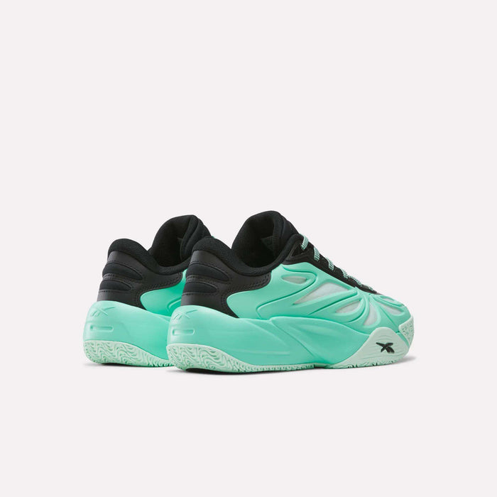 A pair of Angel Reese 1 Basketball Shoes for big kids by Reebok, featuring a teal design with black accents and textured soles, are showcased from the back and side against a plain white background—these kids’ basketball shoes deliver both style and comfort, making them perfect for young athletes on or off the court.