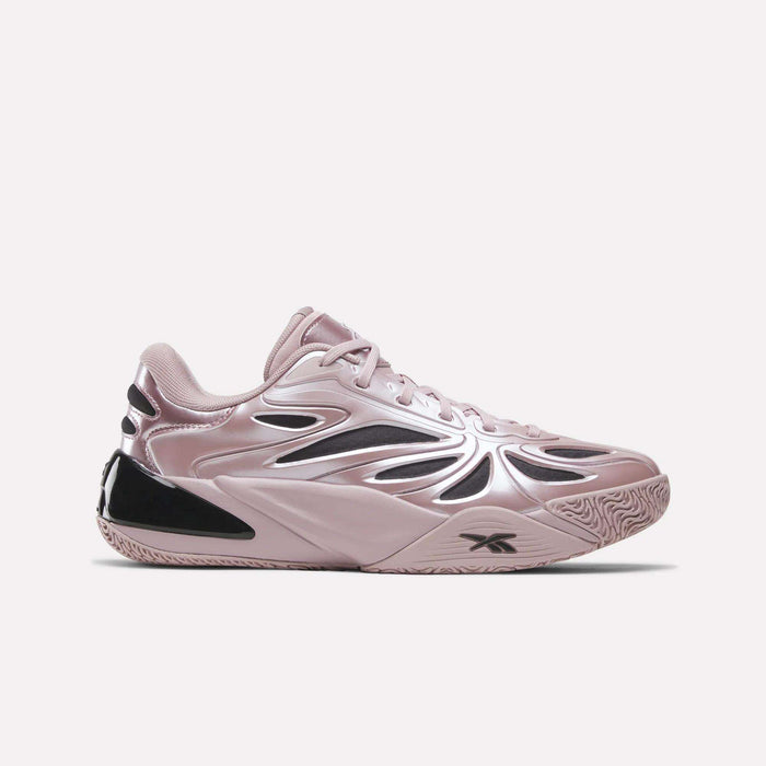 The Reebok Angel Reese 1 Basketball Shoes in pink and black feature a wavy, futuristic design with glossy accents and a textured rubber sole, shown in side profile on a plain white background.