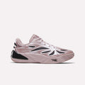 The Reebok Angel Reese 1 Basketball Shoes in pink and black feature a wavy, futuristic design with glossy accents and a textured rubber sole, shown in side profile on a plain white background.