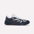 The Angel Reese 1 Basketball Shoes by Reebok feature the Energy Return System, a white mesh upper with dark navy and black accents, wavy overlays, white laces, and a blue Reebok logo—ideal for performance basketball enthusiasts.