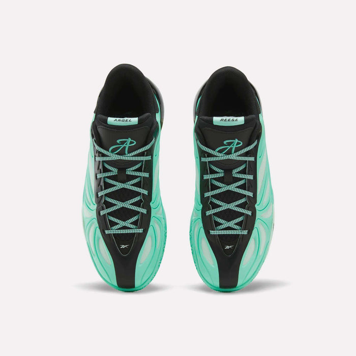 Top view of a pair of Reebok Angel Reese 1 Basketball Shoes in teal and black with patterned laces, showcasing a distinctive wavy design, Energy Return System technology, and logo details on the tongues.