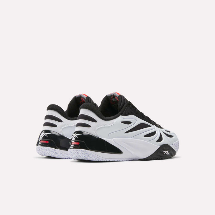 Two Reebok Angel Reese 1 Basketball Shoes in black, white, and red are shown on a white background, featuring the Reebok logo and Energy Return System—perfect for those seeking performance basketball shoes inspired by Angel Reese.
