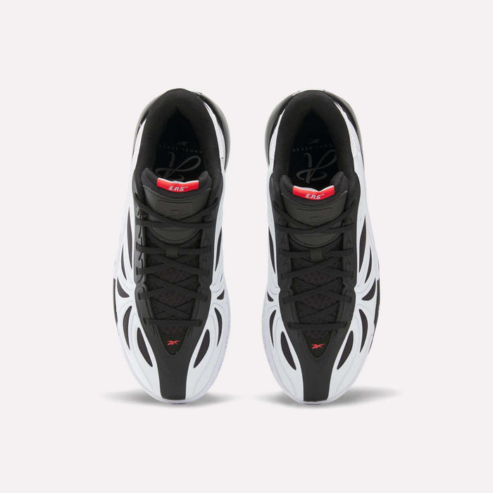 Top view of black, white, and red Reebok Angel Reese 1 Basketball Shoes with the Energy Return System, wavy futuristic design, and black laces. These performance sneakers are displayed side by side on a plain light background.