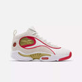 The Reebok Answer III Basketball Shoes are white high-tops with red and gold accents, a gold logo, red trim, and white laces. The outsole features curved gold and red designs, inspired by classic Allen Iverson sneakers.