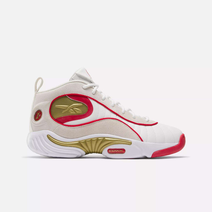 The Reebok Answer III Basketball Shoes are white high-tops with red and gold accents, a gold logo, red trim, and white laces. The outsole features curved gold and red designs, inspired by classic Allen Iverson sneakers.