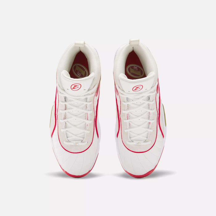 Top view of Reebok Answer III Basketball Shoes in white with red accents, red piping on the sides, and a circular red logo on each tongue, placed side by side on a light background.