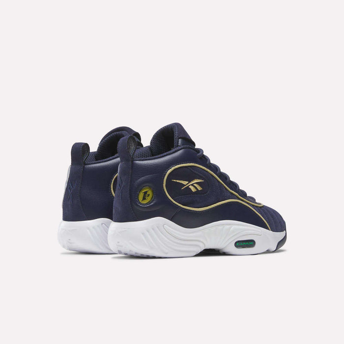 A pair of Reebok Answer III Shoes in navy blue with gold accents, white soles, and back pull tabs, inspired by retro basketball sneakers, shown from an angle displaying the back and side.