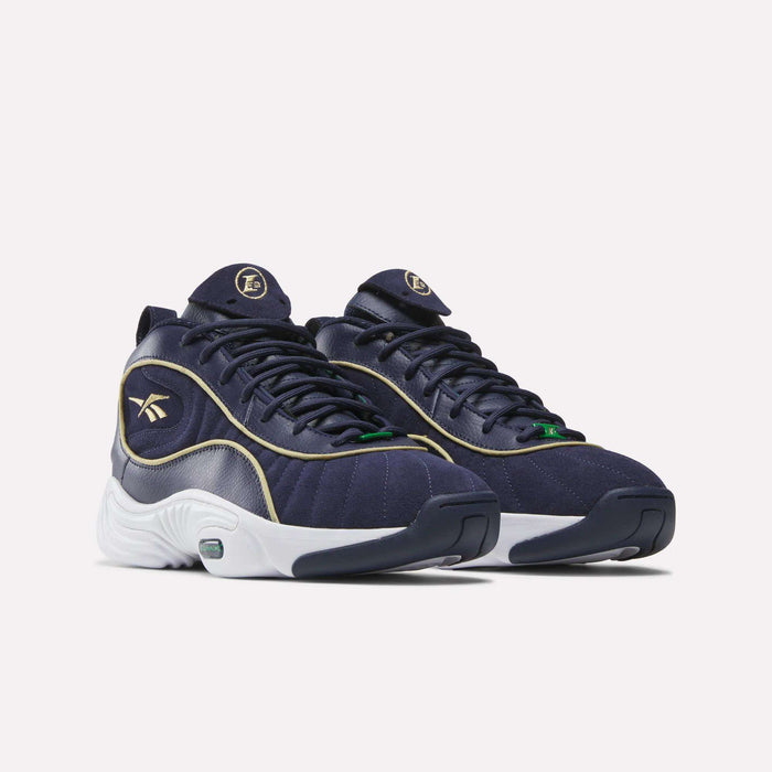 A pair of Reebok Answer III Shoes in navy blue with gold and white accents, black laces, white midsoles, and dark soles is displayed on a plain white background.