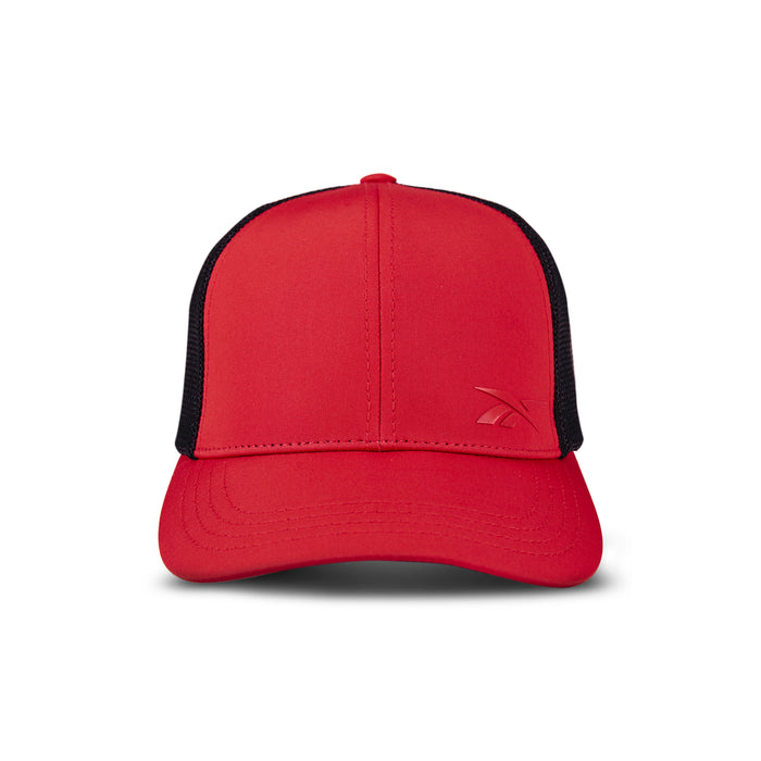 The Reebok Athlete Cap is a red baseball cap with black mesh sides and back, featuring a subtle embossed logo on the front panel, shown against a white background.
