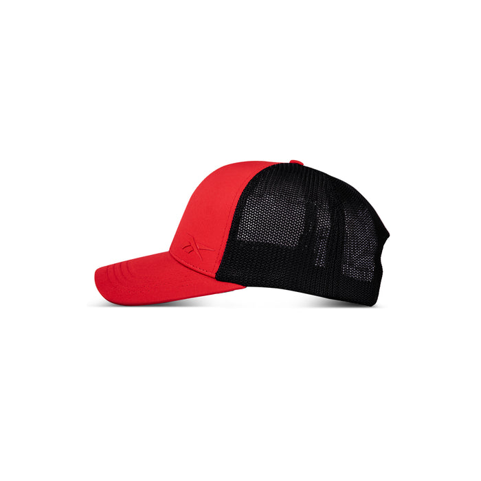 The Reebok Athlete Cap is displayed in profile against a white background, featuring red front panels and brim with black mesh back panels.