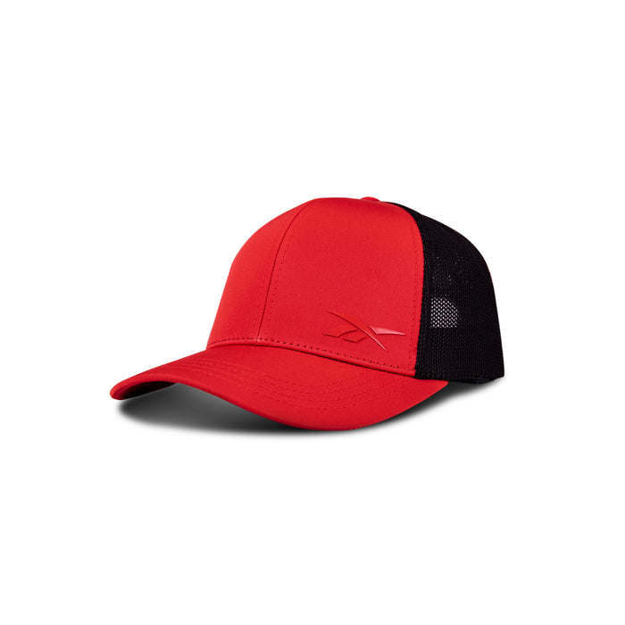 The Reebok Athlete Cap is a red baseball cap with a black mesh back, curved brim, and subtle embroidered logo on the front, shown on a white background.
