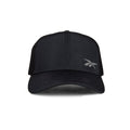 The Reebok Athletic Cap, black and made from recycled polyester, features a curved brim and a subtle gray logo on the front, shown against a white background for performance comfort.