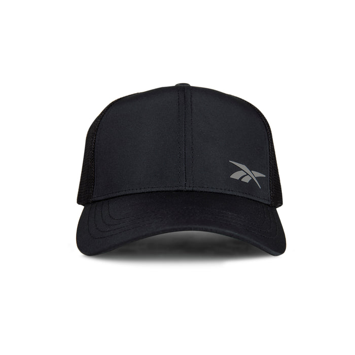 The Reebok Athletic Cap, black and made from recycled polyester, features a curved brim and a subtle gray logo on the front, shown against a white background for performance comfort.