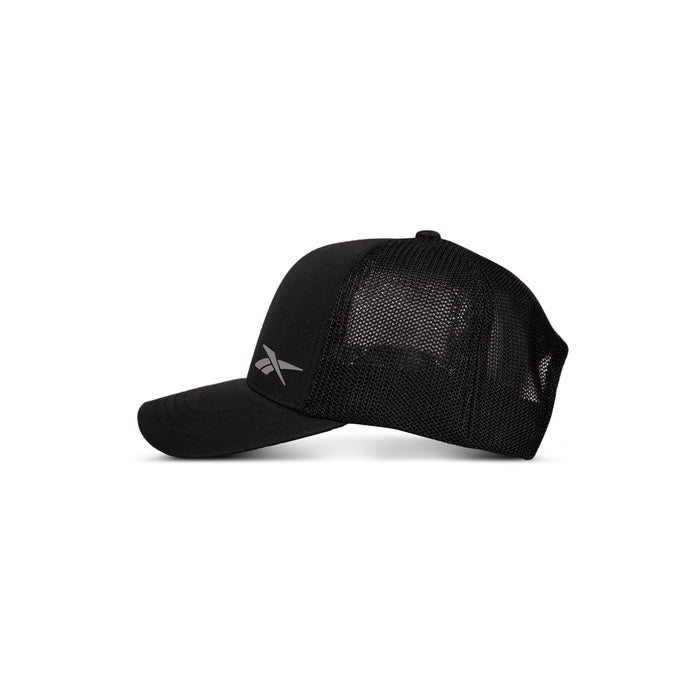 The Reebok Athletic Cap features black mesh, a curved brim, and a subtle side logo. Made from recycled polyester for comfort and performance. Shown in profile on a plain white background.