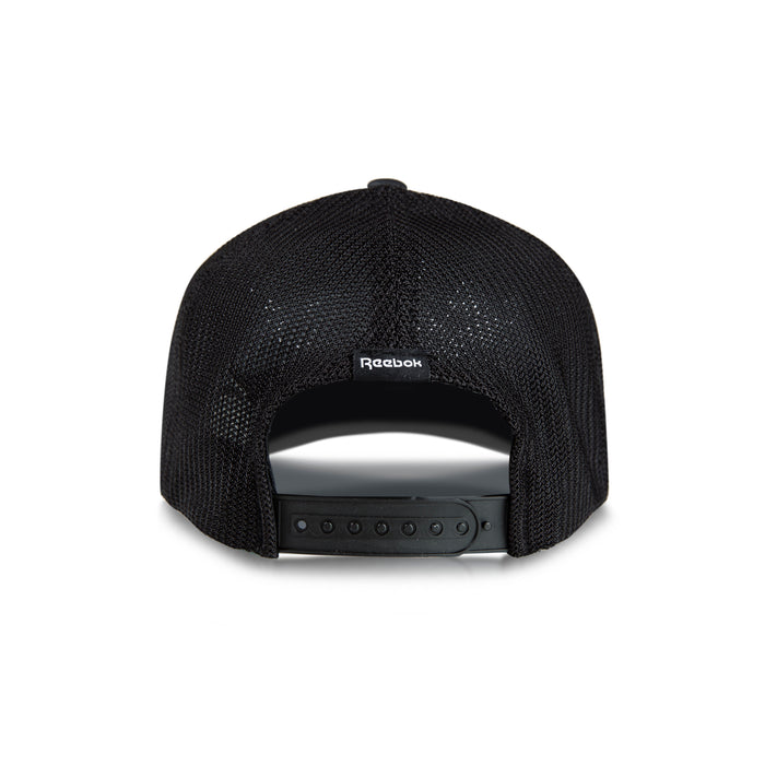Back view of the Reebok Athletic Cap, crafted from recycled polyester with black mesh, an adjustable strap, and a small Reebok logo tag above the opening. The white background highlights its performance comfort design.
