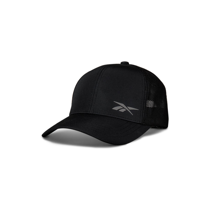 The Reebok Athletic Cap is black with a mesh back and curved brim, made from recycled polyester for comfort. It features a small gray Reebok logo on the front panel and is shown against a white background.
