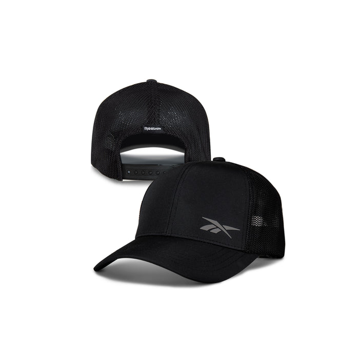 Two black Reebok Athletic Caps—crafted from recycled polyester for comfort—feature a gray Reebok logo with mesh panels on one, and an adjustable snapback with breathable mesh on the other.