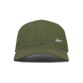 Front view of the Reebok Badge Cap in olive green, featuring a curved brim and a small white embroidered logo on the front left panel.