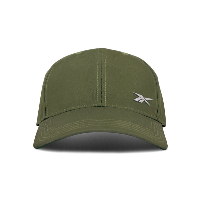 Front view of the Reebok Badge Cap in olive green, featuring a curved brim and a small white embroidered logo on the front left panel.