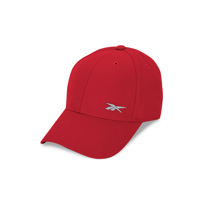 The Reebok Badge Cap is bright red with a curved brim, silver and white front logo, stitched eyelets, a structured design, and an adjustable buckle for a custom fit.