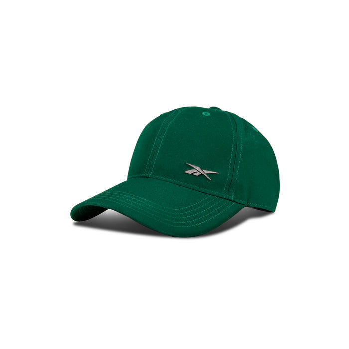 The Reebok Badge Cap is green with a curved brim, a small silver Reebok logo on the front, and a Speedwick sweatband for moisture control, shown against a white background.