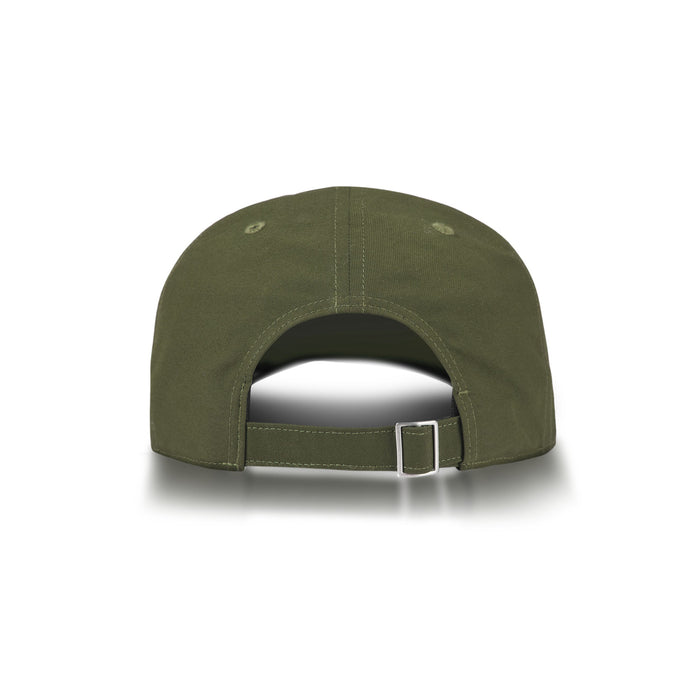 The Reebok Badge Cap in olive green is shown from the back, highlighting its adjustable strap with metal buckle and stitched top eyelets. The cap sits on a white background with a subtle shadow underneath.
