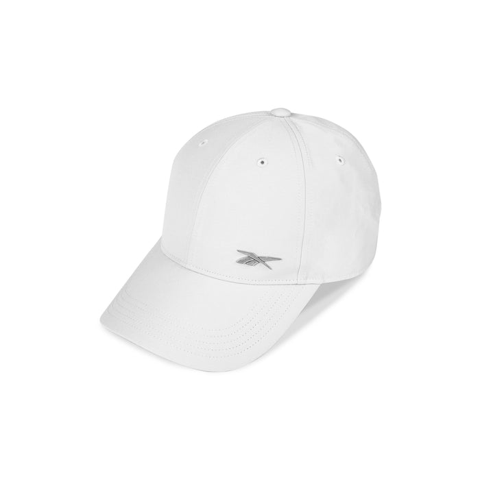The Reebok Badge Cap is a plain white adjustable sports cap with a curved brim, stitched eyelets, and a small silver logo on the front left panel. Its simple, clean design offers everyday comfort.
