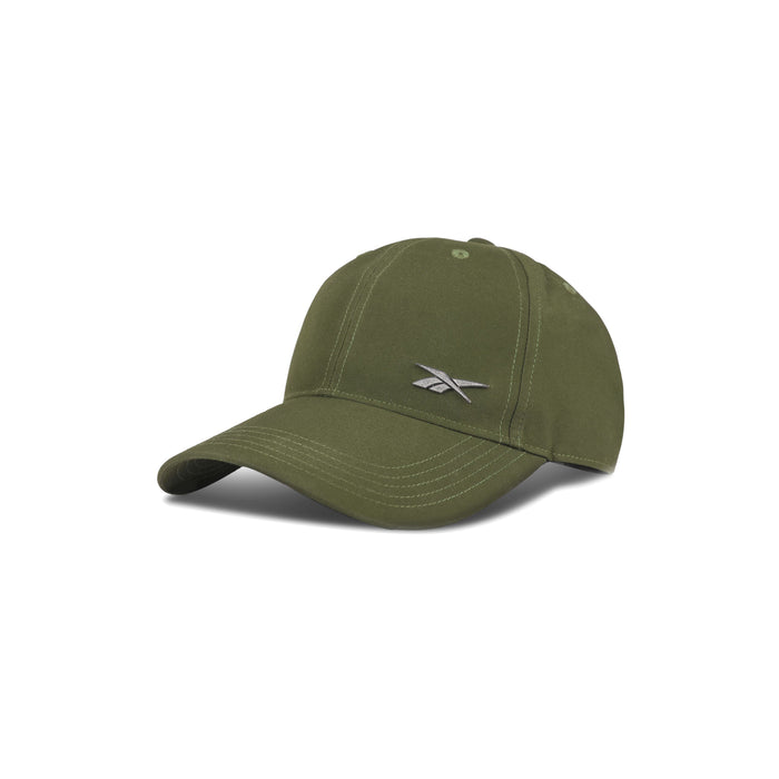 The Reebok Badge Cap is an olive green baseball cap with white stitching and a silver logo on the front, displayed against a plain white background.