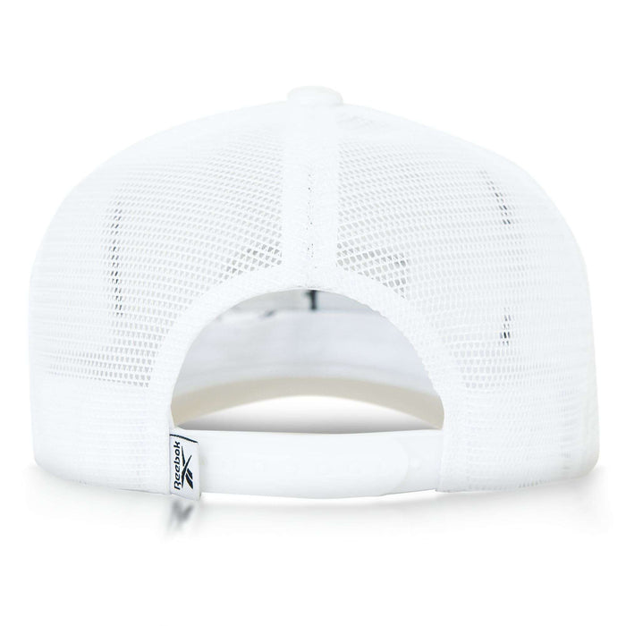 The image shows the back of a white Reebok Basketball Trucker Cap with mesh panels, an adjustable snapback closure, and a small Reebok tag near the opening.