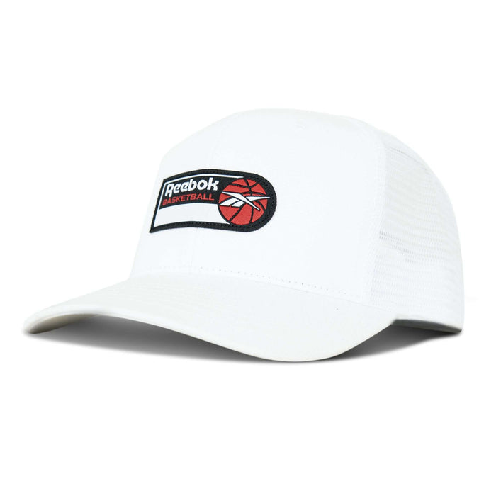 The Reebok Basketball Trucker Cap features white mesh, a curved brim, and a black-and-red basketball patch on the front. This snapback offers adjustable comfort and sporty style.