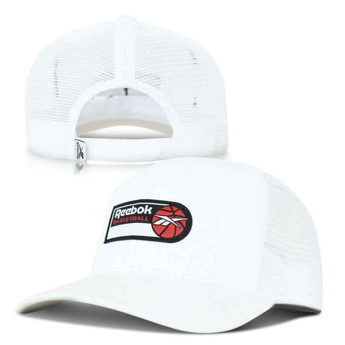 The Reebok Basketball Trucker Cap is shown from the front and back, featuring a basketball patch graphic on the front and an open adjustable snapback strap for comfort.