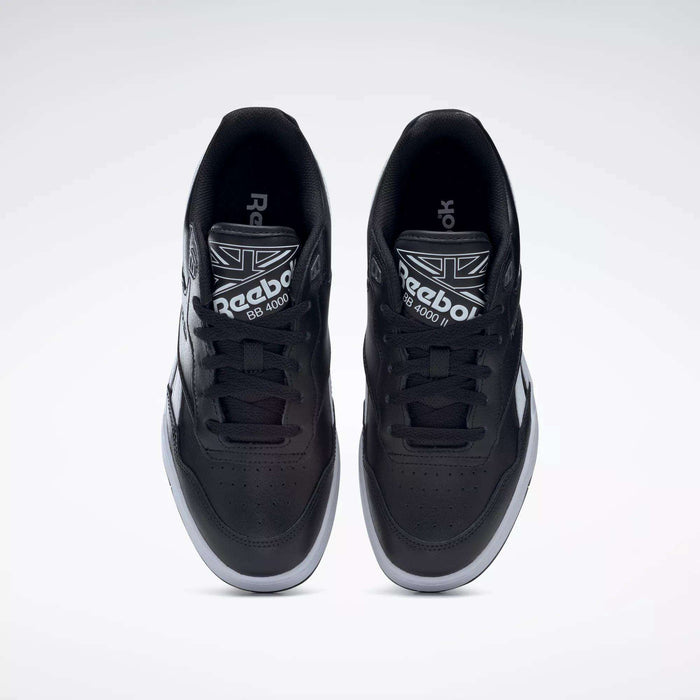 Top view of a pair of Reebok BB 4000 II Shoes in black, showing white soles and laces, the Reebok logo on the tongue, and a clean design set against a light gray background.