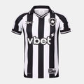 The Botafogo Men's Home Jersey by Reebok features black and white stripes, a collar, club crest, Reebok logo, vbet sponsor on the front, and black and white sleeve trim. The 25/26 version is shown on a plain gray background.