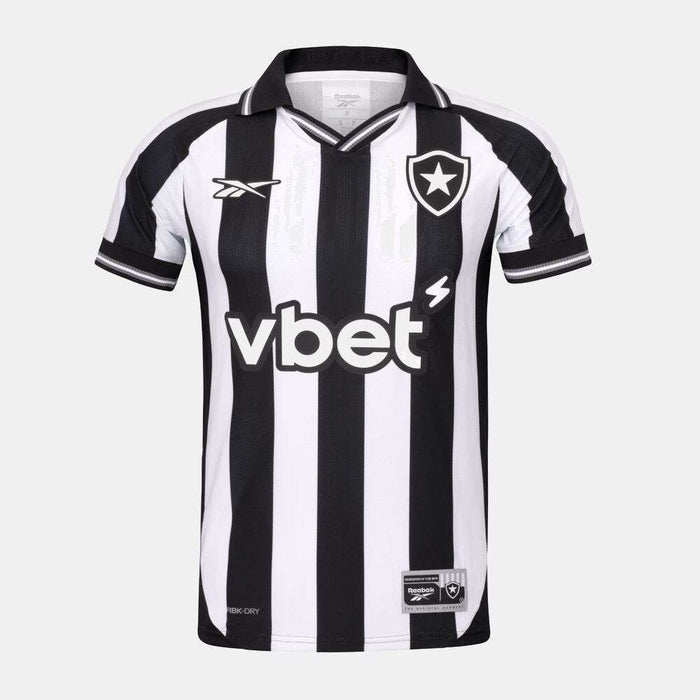 The Botafogo Men's Home Jersey by Reebok features black and white stripes, a collar, club crest, Reebok logo, vbet sponsor on the front, and black and white sleeve trim. The 25/26 version is shown on a plain gray background.