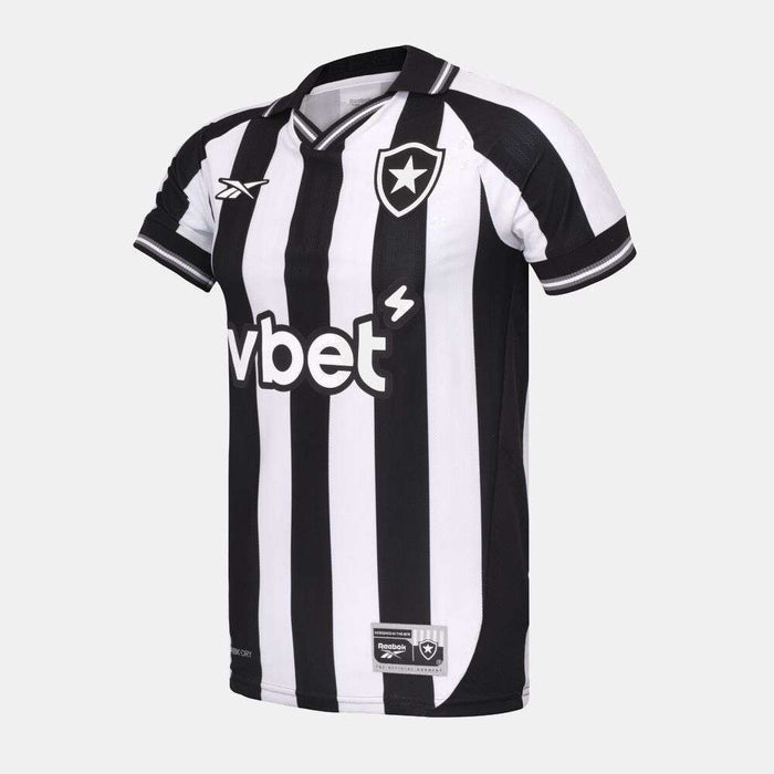 The Reebok Botafogo Men's Home Jersey for 25/26 features black and white vertical stripes, a v-neck, star crest on the chest, vbet sponsor on the front, plus manufacturer and league patches.