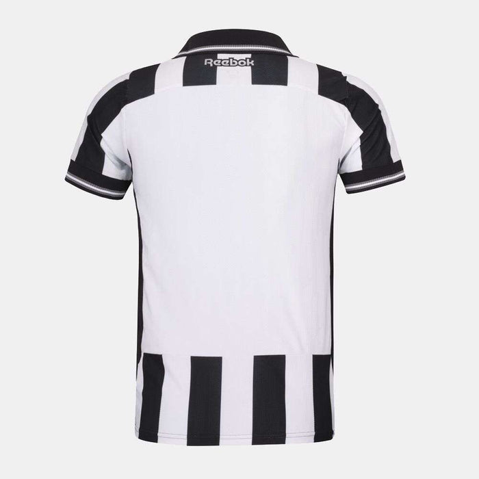 Back view of the Botafogo Men's Home Jersey by Reebok, featuring short sleeves, black and white vertical stripes, a black collar, and Reebok branding near the neckline. Part of the 25/26 Home Jersey collection.