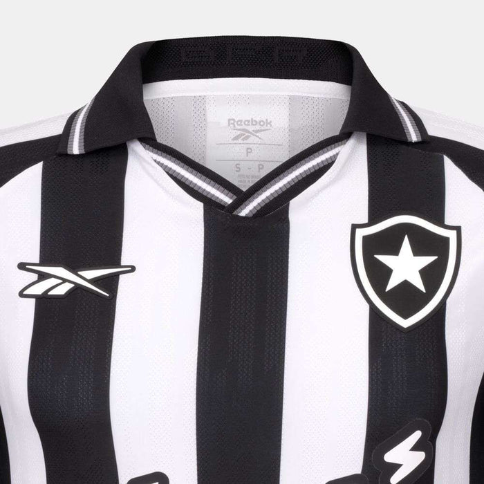 A close-up of the Botafogo Men's Home Jersey by Reebok, featuring black and white stripes, a star emblem on the right chest, and a V-neck with button detail—a classic look for the 25/26 season.
