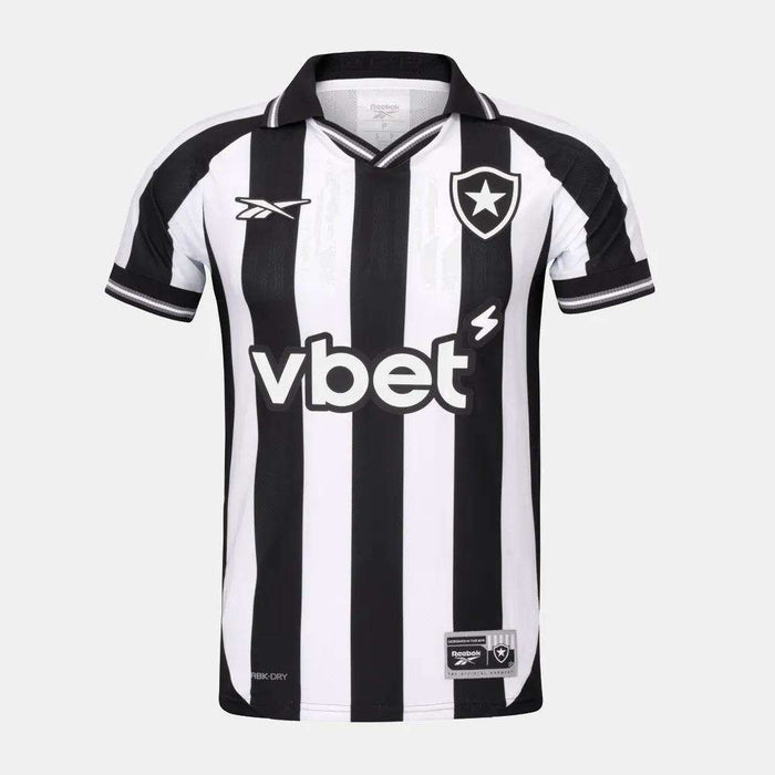 The Reebok Botafogo Men's Home Jersey features black and white vertical stripes, the club crest, vbet sponsor logo, a stylish collar, and black sleeve trim—perfect for fans of the official 25/26 home kit.