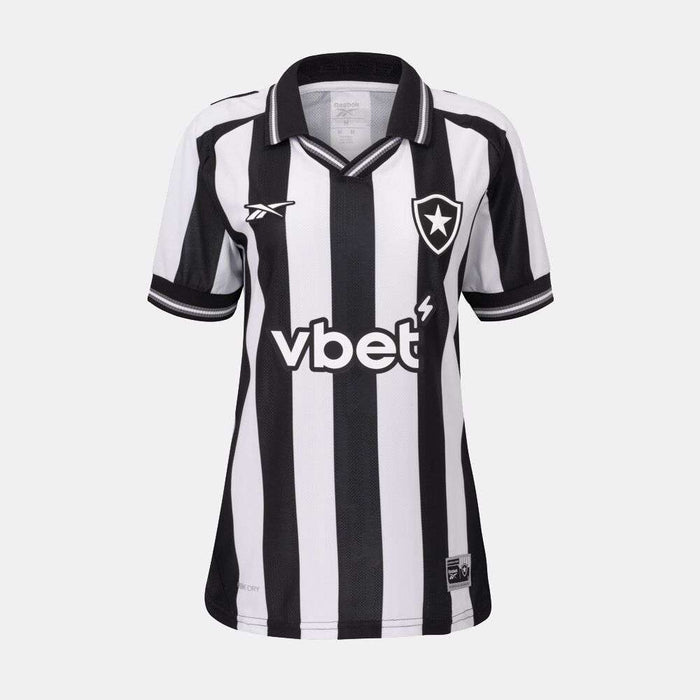 The Reebok Botafogo Women's Home Jersey is a black and white vertically striped football shirt with a collar, club crest, vbet sponsor, and Reebok logo on the chest—an iconic 25/26 design.